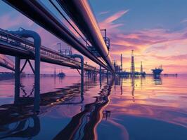 Silhouettes of pipelines stretch across reflective water towards distant industrial structures under a vibrant sunset sky. The image captures the harmonious blend of nature and industry photo