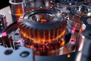 Gear mechanism with interlocking metal cogs and intricate details, highlighted by warm orange and pink lighting, conveying industrial precision and mechanical engineering sophistication photo