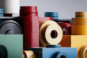 Colorful geometric shapes composed of cylinders and rectangles, featuring shades of red, blue, yellow, green, and grey. The arrangement appears abstract and modern photo