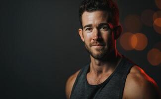Smiling man with short hair and facial hair, wearing a sleeveless shirt. Warm lighting creates a bokeh effect in the background, enhancing the portrait's depth and texture photo