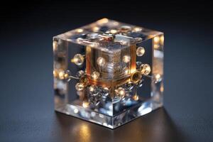 Transparent cube with encapsulated geometric structure and illuminated spheres on a dark surface, showcasing a futuristic and artistic design without text elements photo