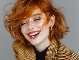 Smiling person with red hair and freckles, wearing a checkered jacket and gold hoop earring. Eyes are closed, lips red, conveying joy and happiness with a carefree, windy hairstyle photo