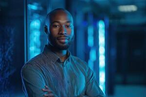 Man with folded arms in button-up shirt stands confidently in a dimly lit server room illuminated by blue lights, reflecting modern technology and professionalism. No text present photo