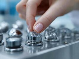 A hand with manicured nails presses a metallic button encased in a clear dome, surrounded by similar buttons, in an industrial or laboratory setting, conveying precision and technology photo