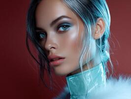 A model with blue eyes and glossy pink lips gazes to the side. With sleek, icy-blue hair and wearing a shiny high-neck top trimmed in soft white fur, she embodies a vivid, modern style photo