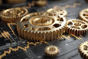 Golden gears on a financial chart with stock market graphs, showcasing intricate metallic mechanisms overlaid on economic data, highlighting the concept of industry and commerce photo