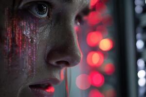 A close-up of a person's face with digital code projected on their skin, eyes wide open. Red and white bokeh lights blur in the background, adding a futuristic feel photo
