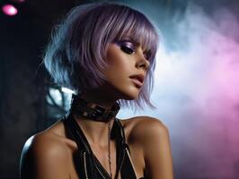 Stylish woman with striking purple bob hairstyle and bold makeup, wearing a black leather outfit and choker. Colorful lighting creates a moody and artistic atmosphere photo