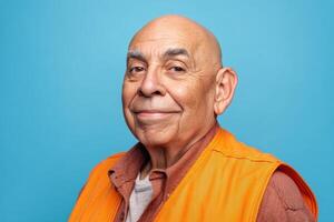 Elderly man with a shaved head smiling confidently, wearing an orange vest over a red-brown shirt, set against a plain backdrop. His expression is calm and content, slightly looking to the side photo