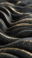 Elegant fabric with wavy, rippling texture adorned with shimmering gold sparkles, creating a luxurious, dynamic appearance. Close-up view highlights the intricate pattern details photo