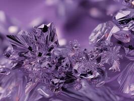 Intricate arrangement of purple and silver geometric crystal formations glistening with sharp edges and reflective surfaces. The clustered shapes vary in size, creating a dynamic texture photo