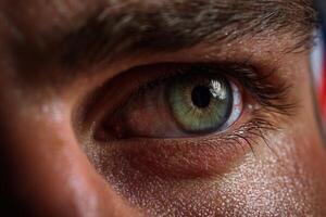 Close-up of a human eye, vividly capturing the green and blue iris surrounded by detailed skin texture and fine eyelashes, reflecting focused attention and expression of curiosity photo