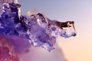 Abstract close-up of translucent, jagged purple and violet crystal formation with light reflecting through. The intricate texture and delicate color gradient suggest movement and depth photo