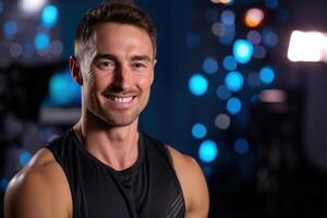 Young man smiling, wearing a sleeveless black top with short hair. Blurred background features bokeh lights in blue and orange hues, creating a vibrant and lively atmosphere photo
