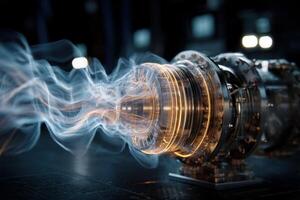 Futuristic mechanical device with intricate metal details and glowing energy rings. Blue vapor-like energy streams from the device, creating a dynamic, high-tech atmosphere photo