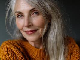 Mature woman with long gray hair and soft smile gazes at camera, wearing a textured orange knit sweater. Her skin glows warmly, creating a serene and confident expression photo