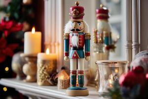Colorful nutcracker soldier stands on a mantelpiece, surrounded by glowing candles, festive ornaments, and decorations reflecting warm holiday cheer without any visible text photo