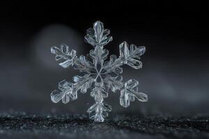 Intricate snowflake displays symmetrical, crystalline patterns in a close-up view. The delicate, icy structure highlights nature's geometric beauty with fine details. No text visible photo