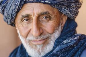 Elderly man with white beard and warm smile wears intricately patterned, blue headscarf and shawl. His deeply lined face exudes wisdom and kindness, emphasizing cultural attire details photo