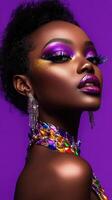 Striking portrait of a woman with vibrant makeup, lush purple eyeshadow, glossy lips, adorned in colorful gemstone jewelry, and chandelier earrings, exuding a glamorous and confident aura photo