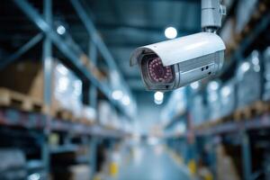 Surveillance camera focusing on the interior of a warehouse with shelves lined with boxes and a blurred background, symbolizing security and monitoring in an industrial setting photo