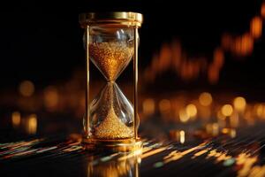 Hourglass filled with golden sand sits on reflective surface. Background features abstract, blurred golden bokeh lights creating a dynamic, elegant atmosphere photo