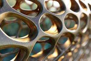 Abstract close-up of bronze-colored geometric structure with interconnected oval cutouts, reflecting light softly. The design features intricate, overlapping metallic patterns and curves photo