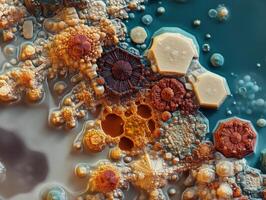 Abstract shapes resembling a cellular structure with hexagonal, circular forms, and various textures. Colors blend from earthy browns to soft blues and whites, creating a complex pattern photo