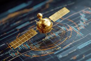 Golden satellite model with solar panels hovers over a digital chart featuring blue and orange lines and symbols. The detailed structure contrasts with the technical data layer photo