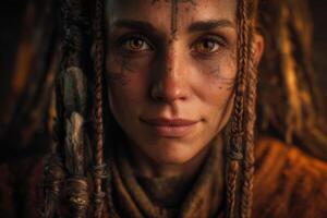 Close-up of a person with intricate facial paint and braided hair adorned with feathers, wearing an orange garment. Intense gaze and warm lighting create a captivating atmosphere photo
