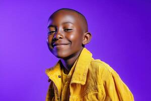 Smiling child in a bright yellow jacket against a purple backdrop, showcasing a cheerful expression. The face is relaxed with a slight tilt, conveying warmth and positivity photo