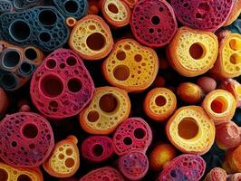 Abstract arrangement of vibrant, colorful circular structures with textured holes in varying sizes and shades of red, orange, and yellow, creating a complex and intriguing design photo