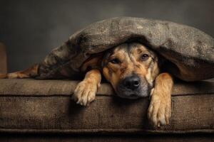 Dog lies on a couch with its head and front paws peeking out from under a blanket. The dog has a relaxed expression, and the fabric's texture contrasts with the dog's fur photo