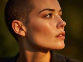 Portrait of a person with short hair looking to the side, with a focus on facial features. The lighting highlights smooth skin and a small hoop earring is visible on one ear photo