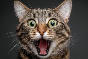 A brown tabby cat with wide green eyes and an open mouth expressing surprise or excitement its ears are perked up and whiskers are prominent, creating a striking, animated expression photo