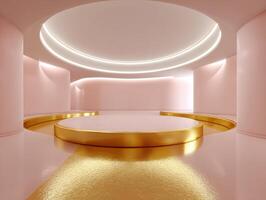 Sleek, modern interior with curved walls, illuminated by soft lights. Golden accents on the floor, creating an elegant atmosphere with a harmonious pink and gold color scheme photo