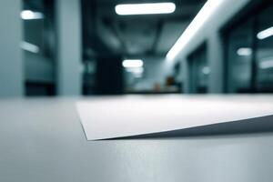 Paper rests on a smooth surface in a modern, dimly lit office space. Fluorescent lights illuminate the room's ceiling, creating reflections on the glossy table photo