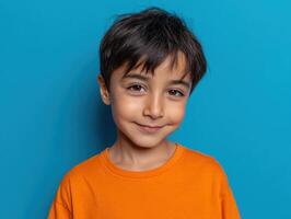Smiling young boy in an orange shirt with dark hair, facing the camera against a neutral background. He has a gentle expression, and there is no text present in the image photo