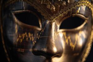 Intricate, golden masquerade mask with ornate detailing, reflecting a fluctuating stock market graph. Subtle metallic texture and decorative patterns enhance the mysterious allure photo