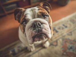 Bulldog gazes up with expressive eyes, wrinkles visible on its face. Its coat is white and brown. It sits on a patterned carpet with muted colors. Cozy indoor setting. No text visible photo