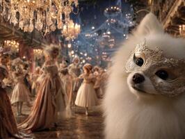 Exquisite scene of a fluffy dog in an ornate mask amid a lavish ballroom, people in elegant costumes dance under grand chandeliers glowing warmly, capturing a whimsical, baroque ambiance photo