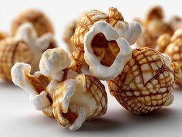 Close-up of caramel-coated popcorn kernels, showcasing texture and color. The popcorn is detailed, with a glossy caramel coating and fluffy white popped areas, arranged in clusters photo