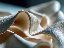 Curved folds of textured, light-colored fabric create an intricate, flowing pattern. The material appears soft and slightly shiny, with a delicate, frayed edge adding detail photo