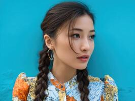 Young woman with braided hair and hoop earrings gazes sideways. The colorful blouse features intricate patterns, complementing her serene expression and the vibrant blue backdrop photo