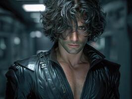Wavy-haired individual in a sleek black leather jacket stares intensely forward. The dimly lit corridor behind contributes to the mysterious and moody atmosphere photo