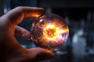 A hand holds a transparent sphere with a vibrant, glowing fire-like core. The light emanates radially, creating a dynamic and mystical visual effect, suggesting energy and warmth photo