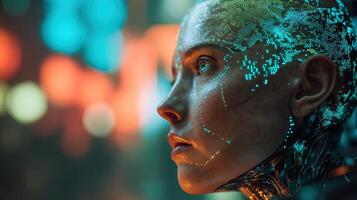A humanoid figure with illuminated digital patterns gazes forward, blending human and futuristic technology elements. The scene exudes a cybernetic and futuristic atmosphere photo