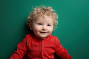 Curly-haired baby in a red outfit smiles warmly, capturing a sense of innocence and joy with bright eyes, exuding happiness and charm. The background is not mentioned due to format photo