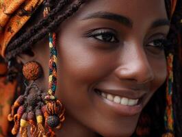 Smiling woman with braided hair wears colorful beaded earrings and a matching headscarf. Her skin has a radiant glow, and she has an expression of natural joy and contentment photo