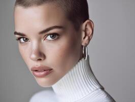 A woman with a close-cropped haircut looks confidently at the camera. She is wearing a white turtleneck and silver hoop earrings. Her makeup is subtle, highlighting her features photo